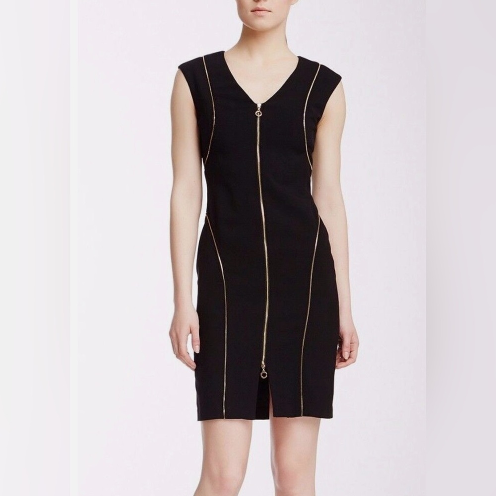 CALVIN KLEIN | Black Sheath Dress with Accent Contouring Gold Zipper Piping